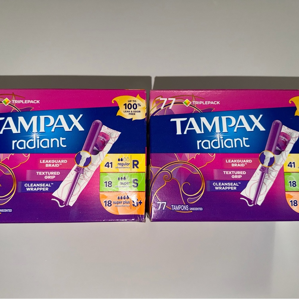Tampax Radiant Tampons for Women, Regular/Super/Super Plus, Unscented 77 ct. 2pk